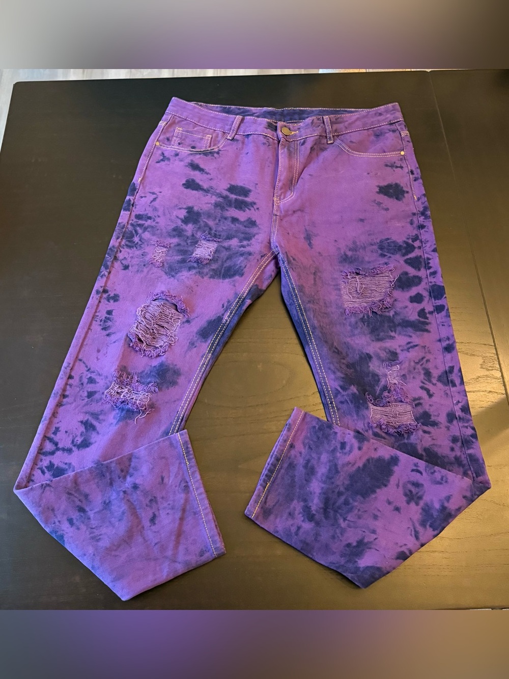SHEIN Men Purple Tie Dye Distressed Slim Fit Jeans Streetwear Size 36